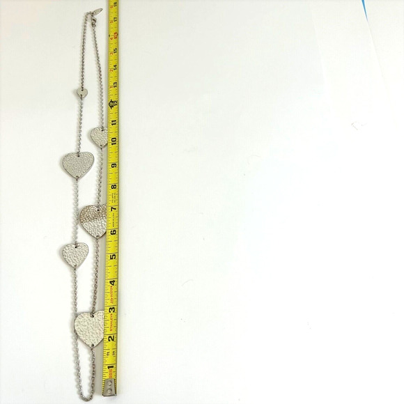 Silver Tone Chain Necklace Hammered Steel Hearts Signed NY - Picture 4 of 5